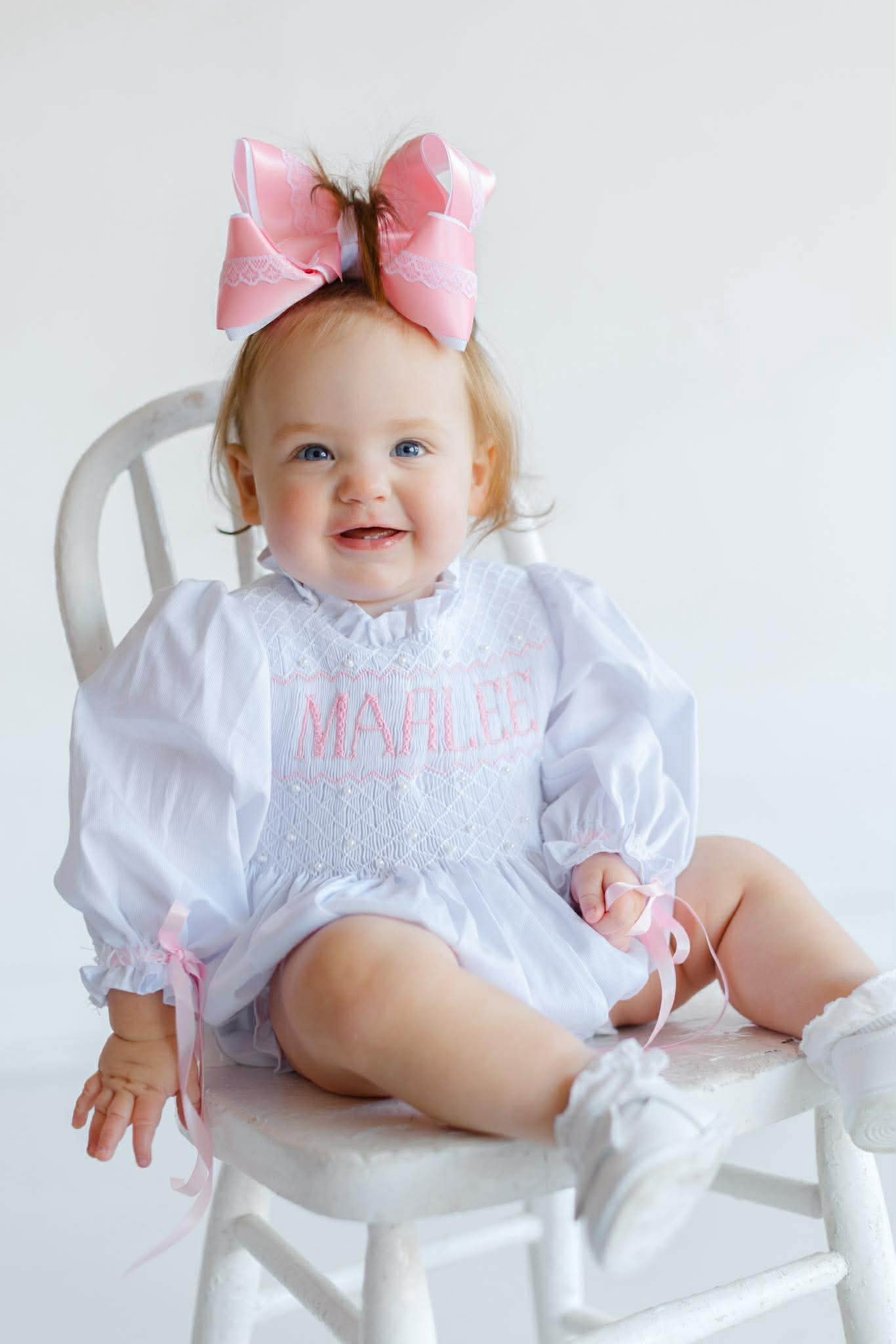 Heirloom Birthday Pearls LONG SLEEVE White Bubble - ONLY 12M SAYS MY 1ST BIRTHDAY ON BOW
