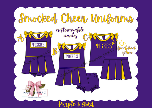 PO8: Purple/Gold Cheer Uniforms